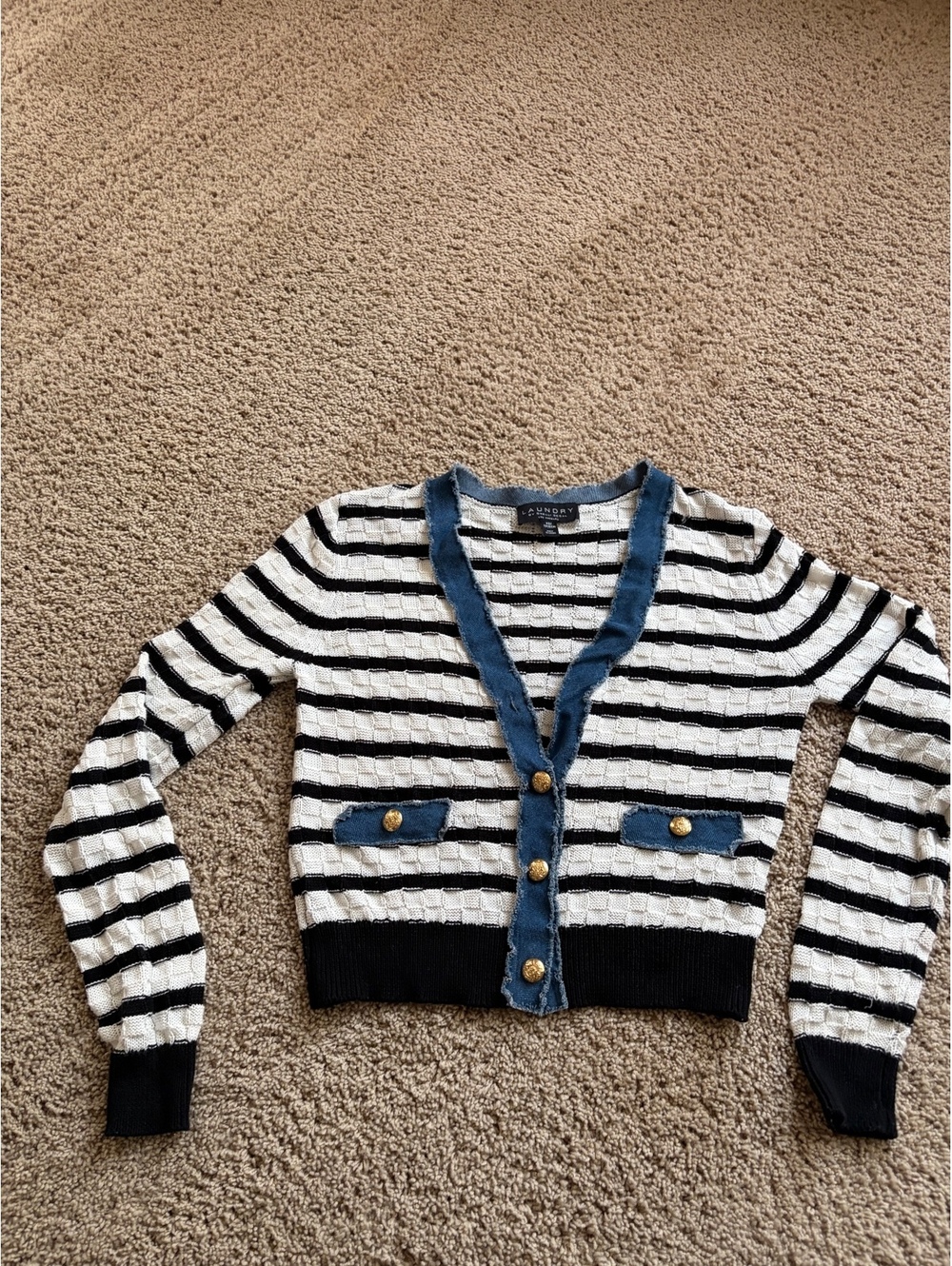 black white striped knit cropped cardigan Laundry by Shelli Segal XSmall denim